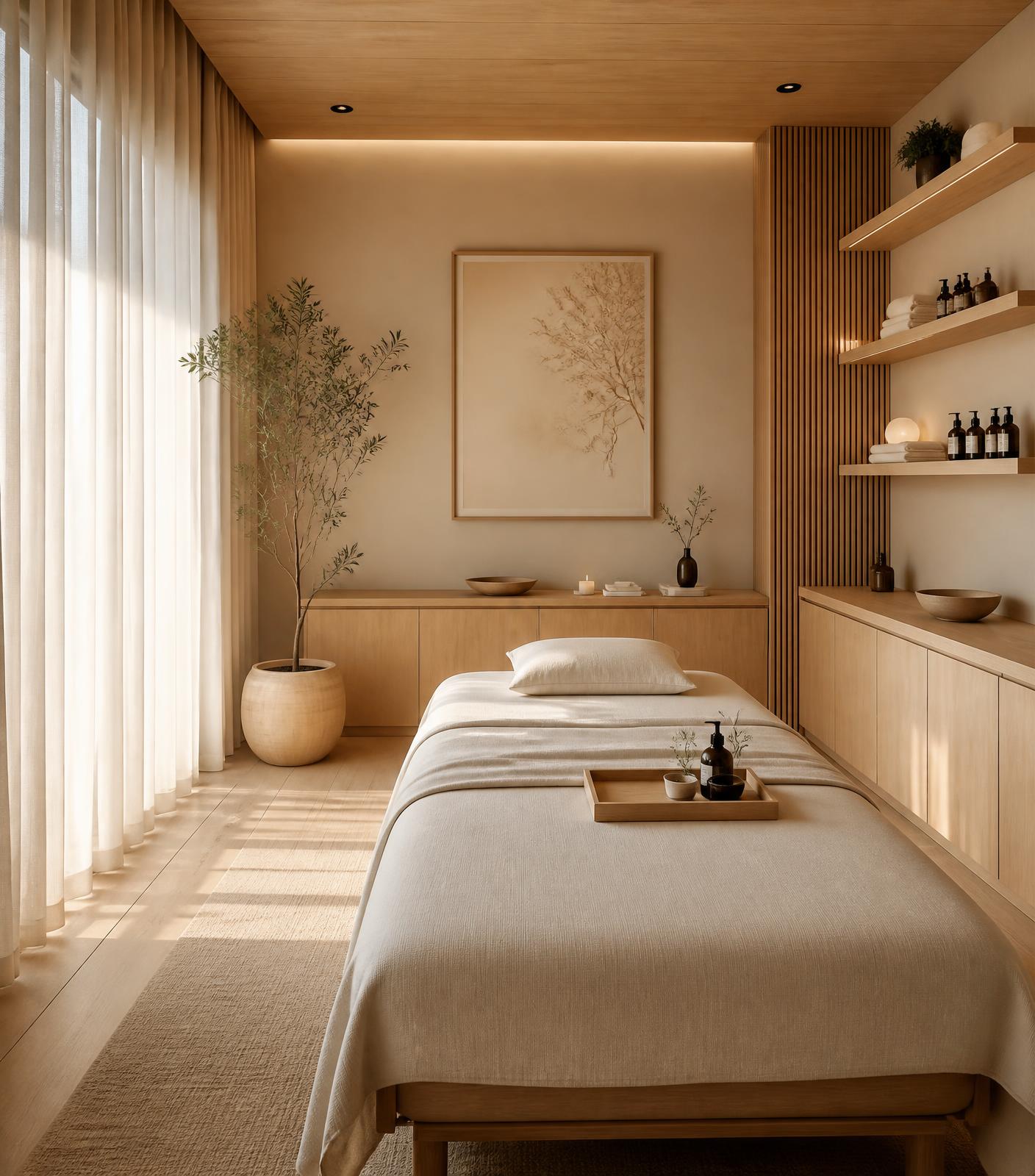 ZEN SPA:s behandlingsrum i ljus ek och linne